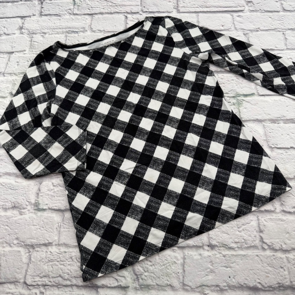 Talbots Tee Womens Small Black White Buffalo Check 3/4 Sleeve Stretch Shirt
